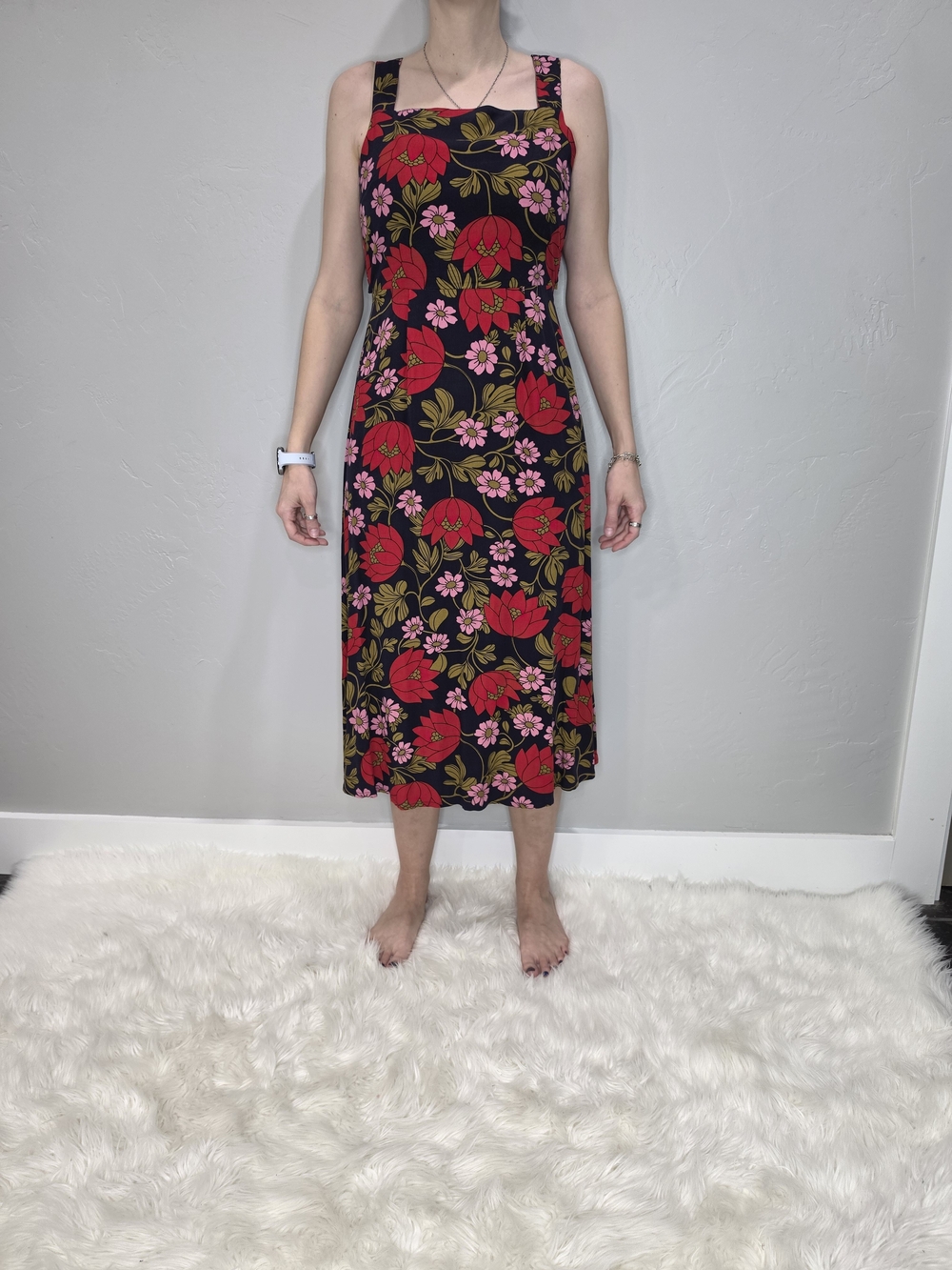 Princess Highway Black Midi Dress with Red & Pink Floral Print
